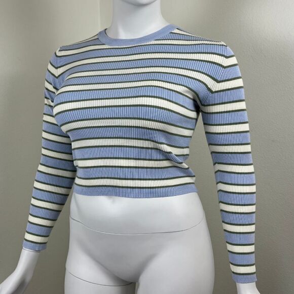 Zara Womens Size XL Blue Ribbed Striped Cropped Pullover NEW Crewneck Sweatshirt - Picture 8 of 16